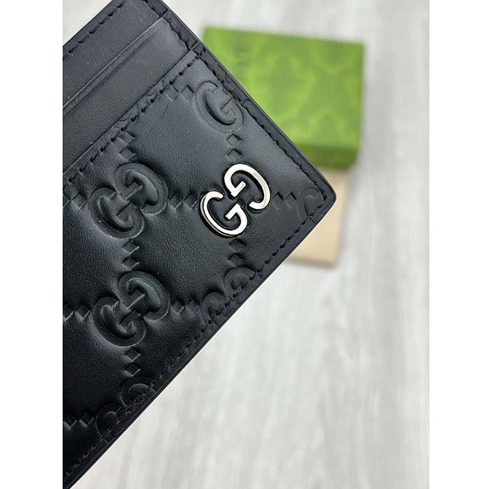 Gucci Unisex GG Gucci Signature Card Case Black Leather Metal Four Card Slots (7)
