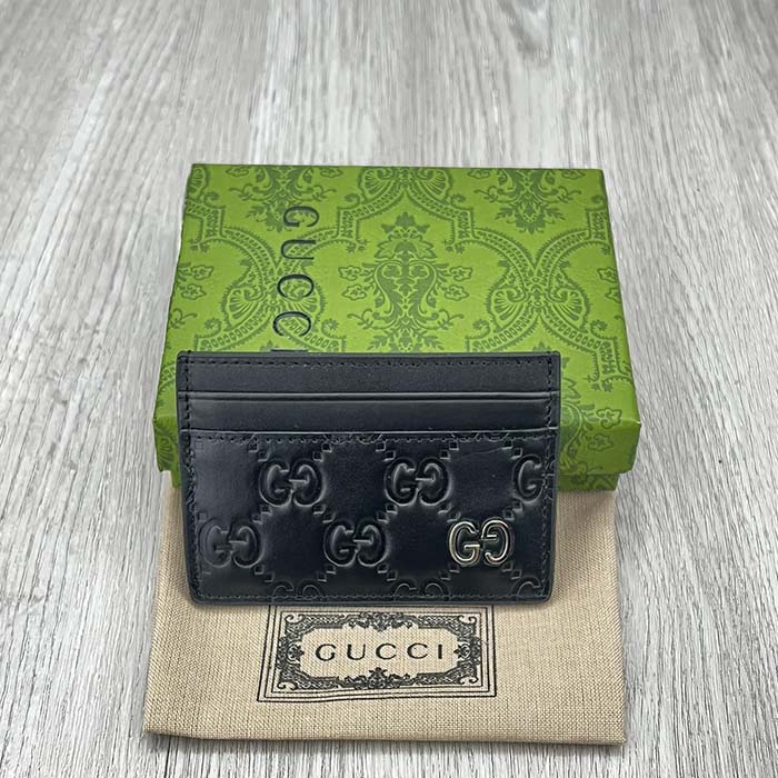 Gucci Unisex GG Gucci Signature Card Case Black Leather Metal Four Card Slots (8)