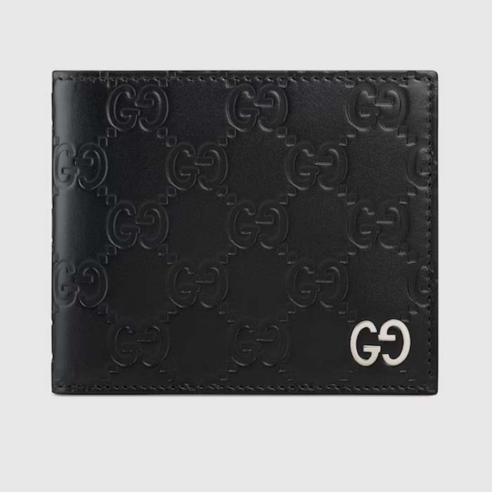 Gucci Unisex GG Gucci Signature Wallet Card Case Black Leather Metal Eight Card Slots