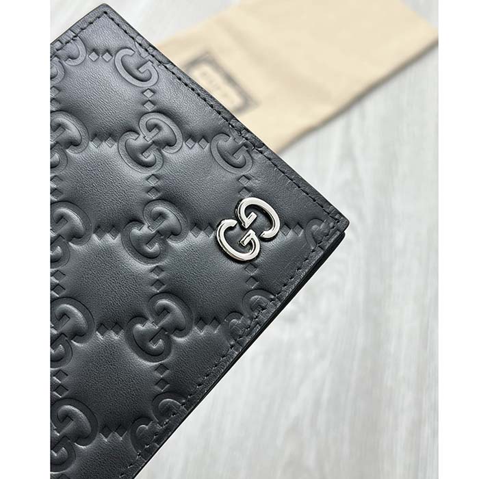 Gucci Unisex GG Gucci Signature Wallet Card Case Black Leather Metal Eight Card Slots (6)