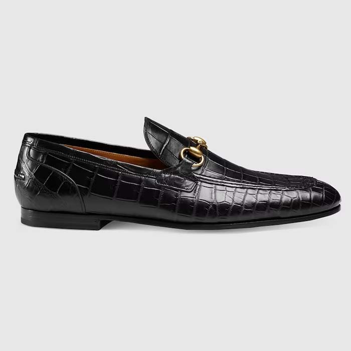 Gucci Unisex GG Jordaan Crocodile Loafer Blake Construction Black Horsebit Leather Flat 1 CM Heel