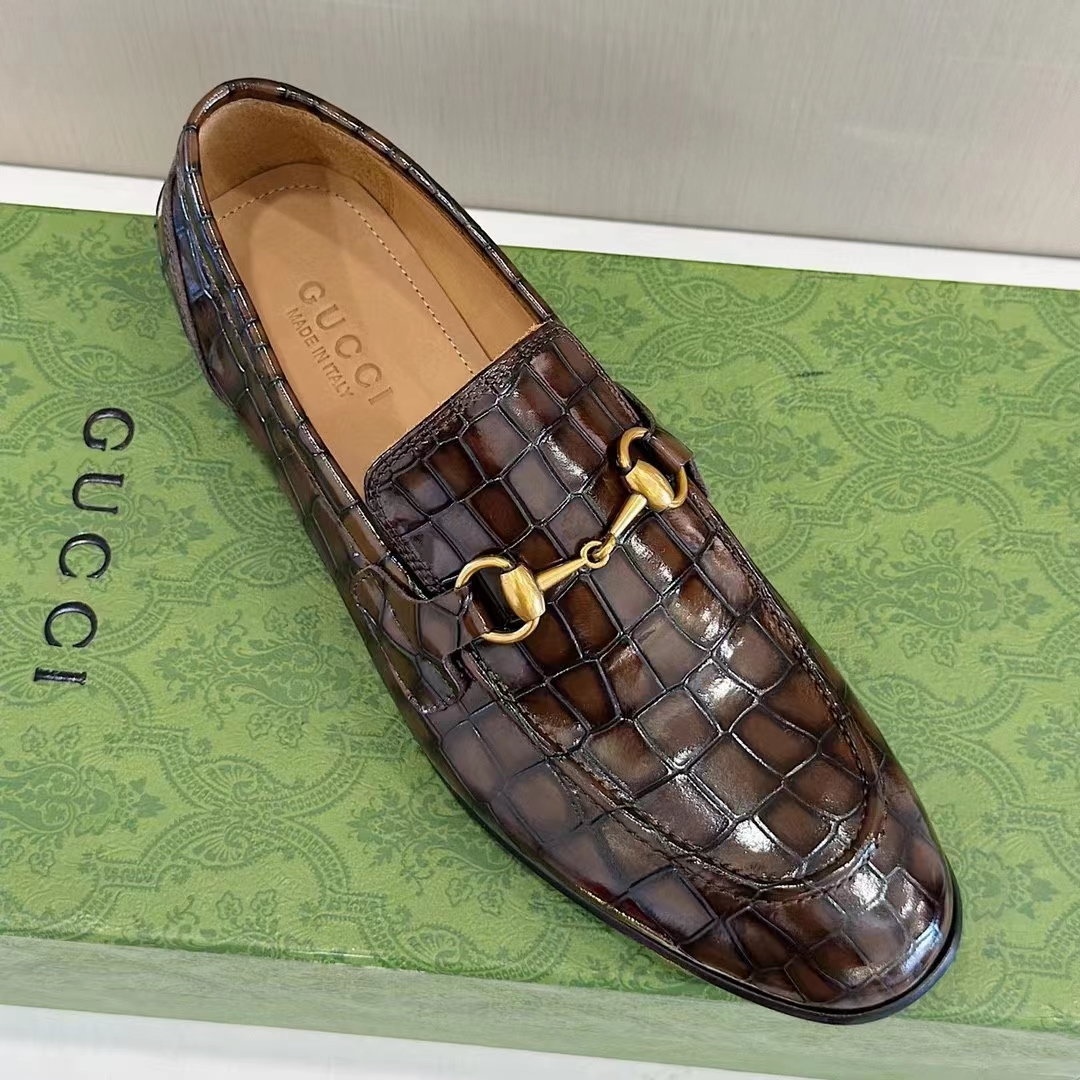 Gucci Unisex GG Jordaan Crocodile Loafer Blake Construction Brown Horsebit Leather Flat 1 CM Heel (3)