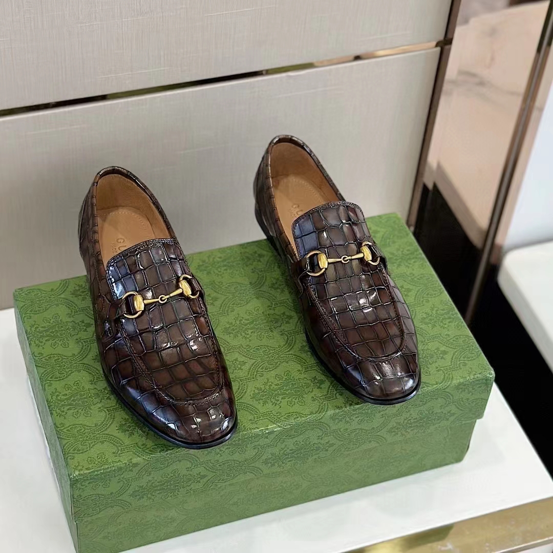 Gucci Unisex GG Jordaan Crocodile Loafer Blake Construction Brown Horsebit Leather Flat 1 CM Heel (7)