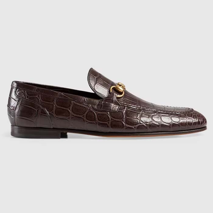Gucci Unisex GG Jordaan Crocodile Loafer Blake Construction Brown Horsebit Leather Flat 1 CM Heel