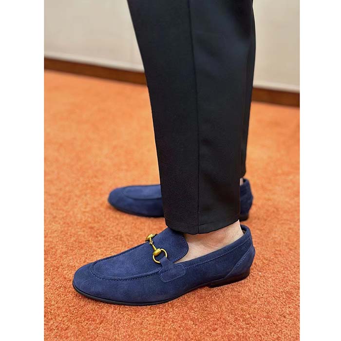 Gucci Unisex GG Jordaan Loafer Deep Blue Suede Horsebit Slim Shape Leather Flat