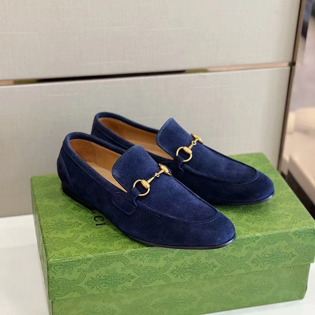 Gucci Unisex GG Jordaan Loafer Deep Blue Suede Horsebit Slim Shape Leather Flat (12)