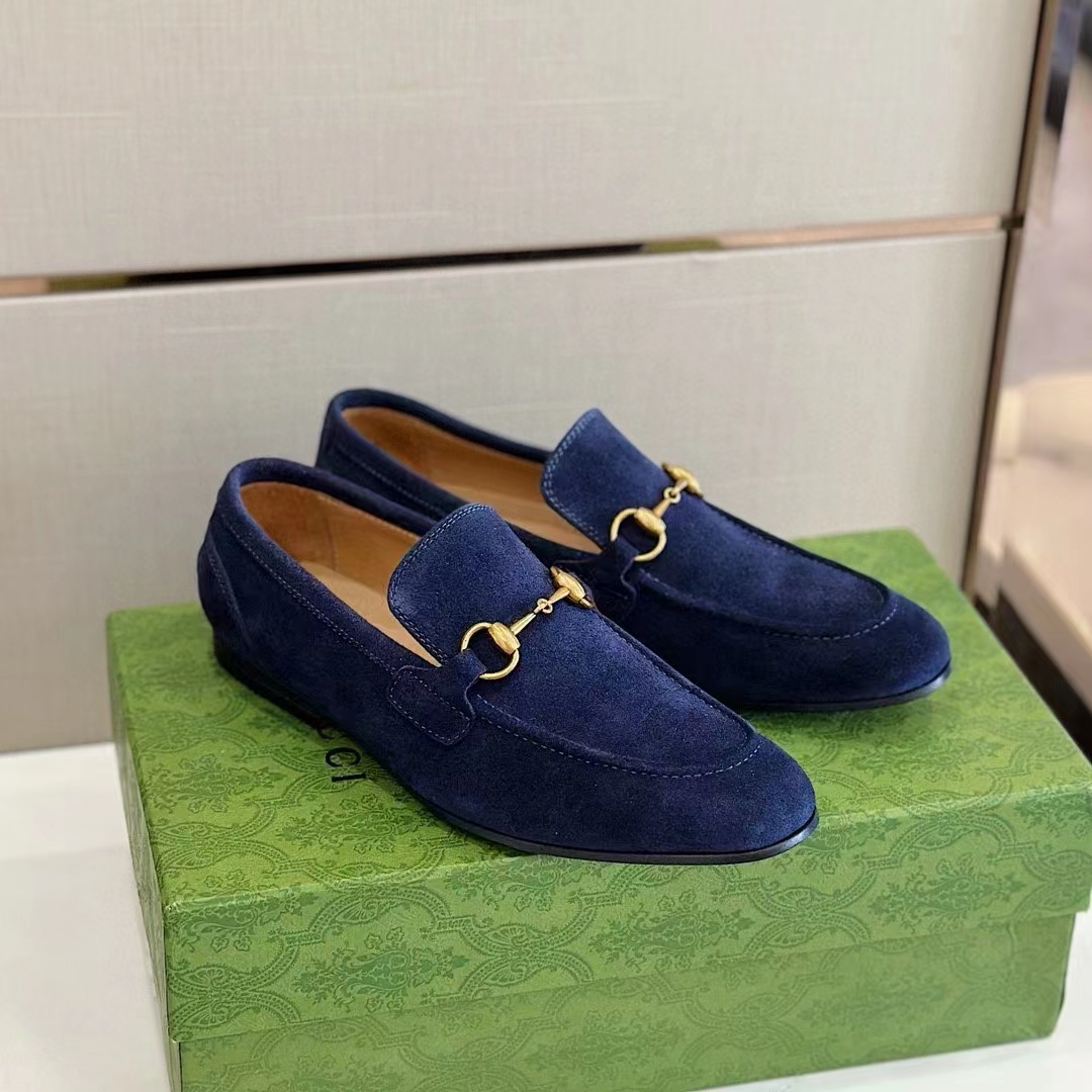 Gucci Unisex GG Jordaan Loafer Deep Blue Suede Horsebit Slim Shape Leather Flat
