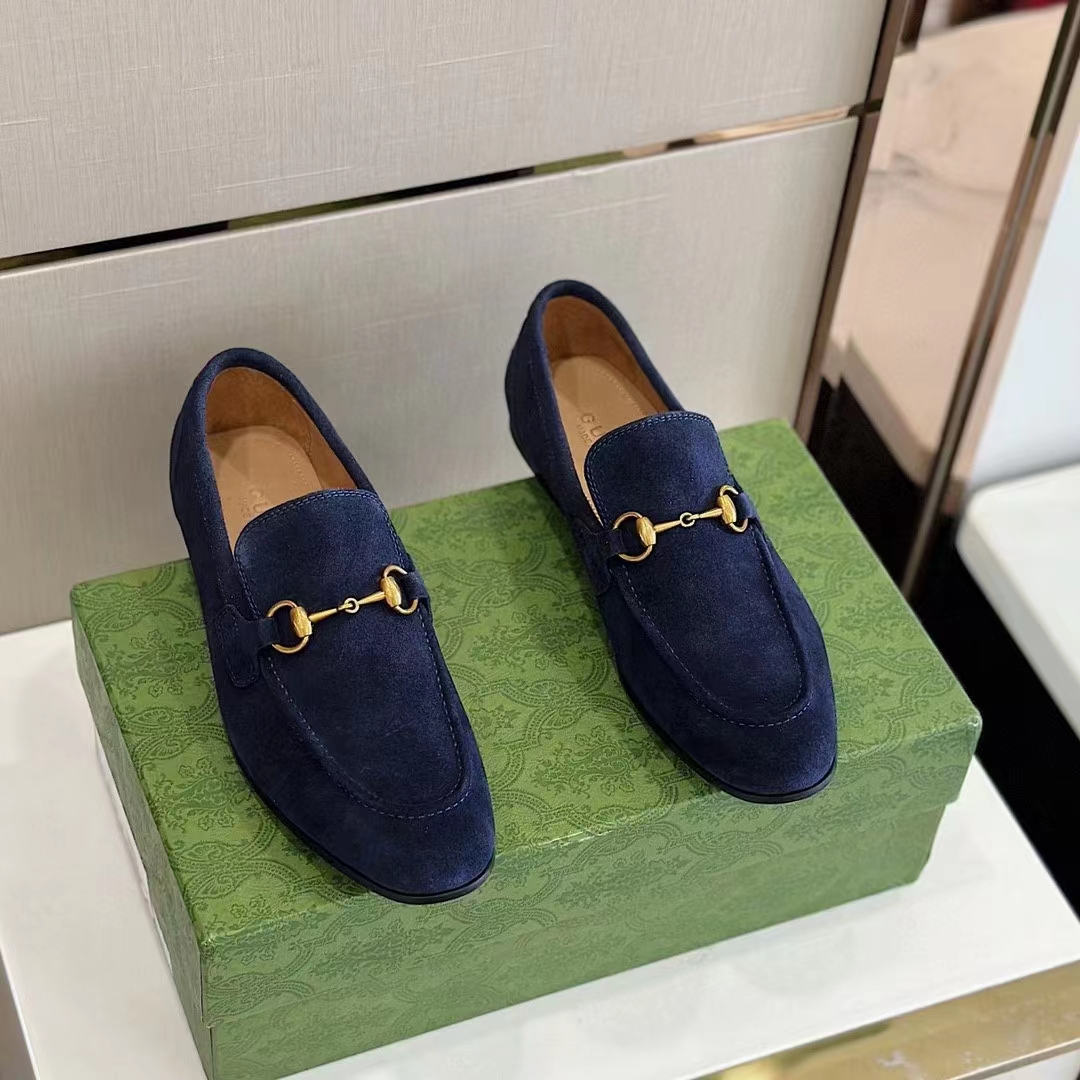 Gucci Unisex GG Jordaan Loafer Deep Blue Suede Horsebit Slim Shape Leather Flat (13)