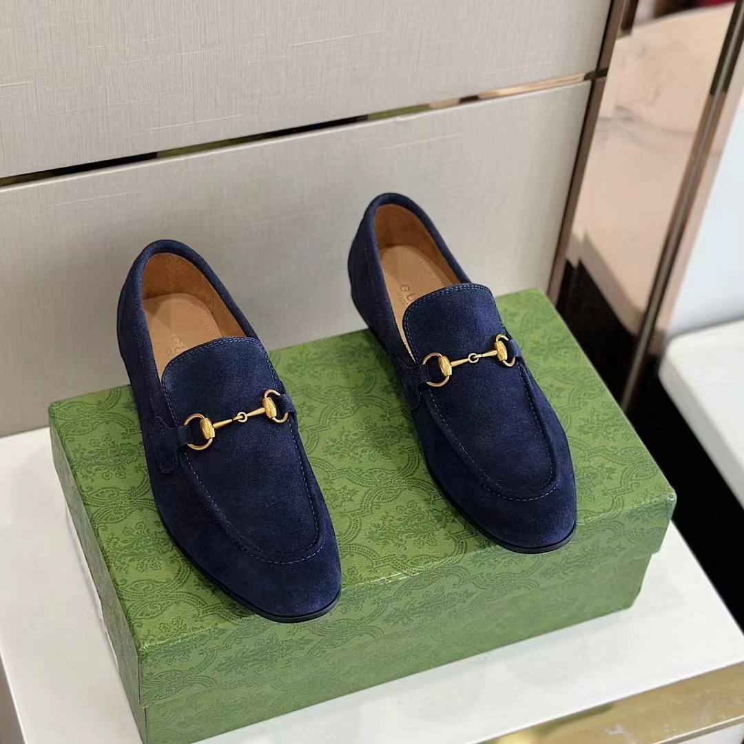 Gucci Unisex GG Jordaan Loafer Deep Blue Suede Horsebit Slim Shape Leather Flat