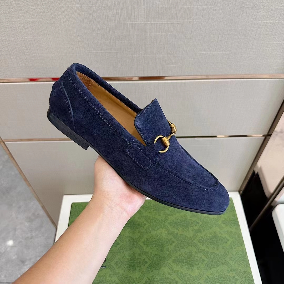 Gucci Unisex GG Jordaan Loafer Deep Blue Suede Horsebit Slim Shape Leather Flat