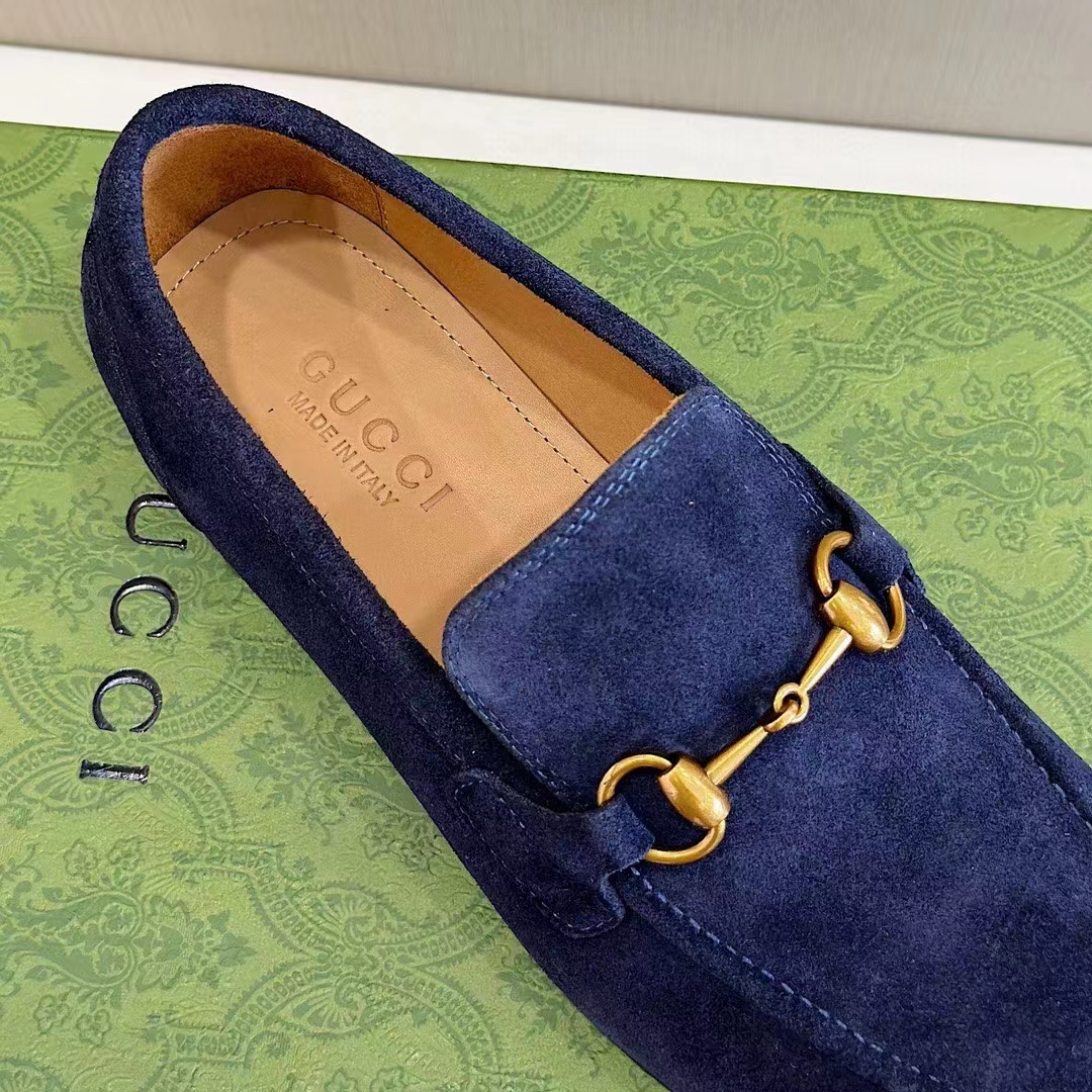Gucci Unisex GG Jordaan Loafer Deep Blue Suede Horsebit Slim Shape Leather Flat