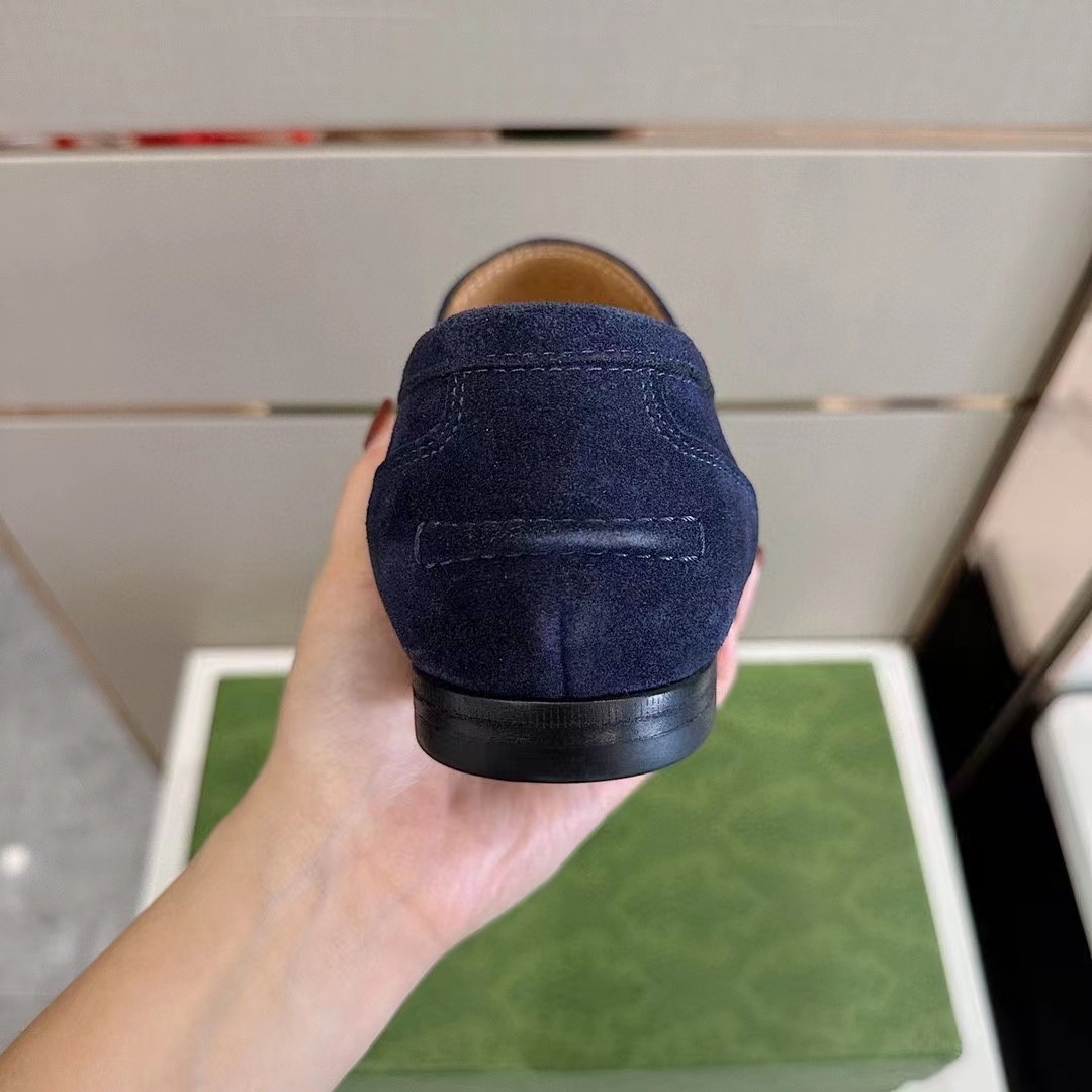Gucci Unisex GG Jordaan Loafer Deep Blue Suede Horsebit Slim Shape Leather Flat