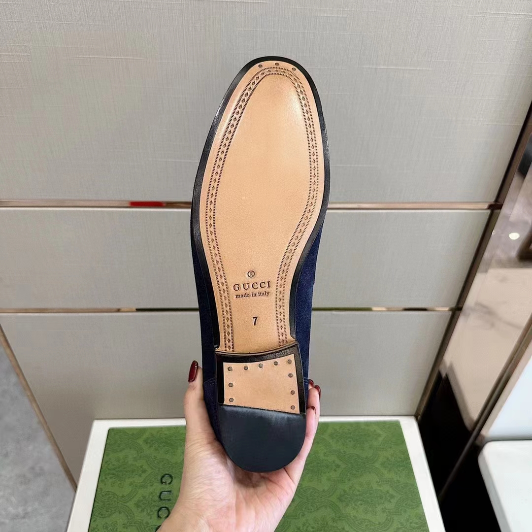 Gucci Unisex GG Jordaan Loafer Deep Blue Suede Horsebit Slim Shape Leather Flat