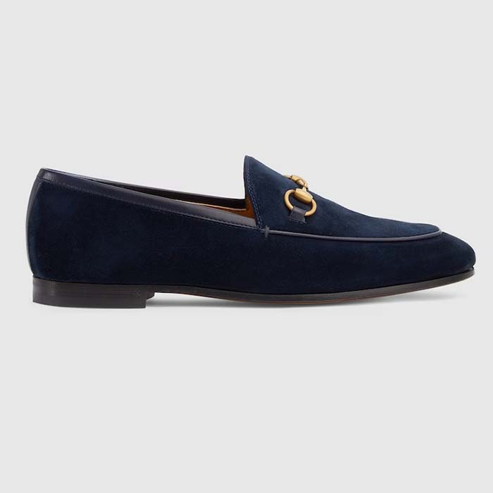 Gucci Unisex GG Jordaan Loafer Deep Blue Suede Horsebit Slim Shape Leather Flat