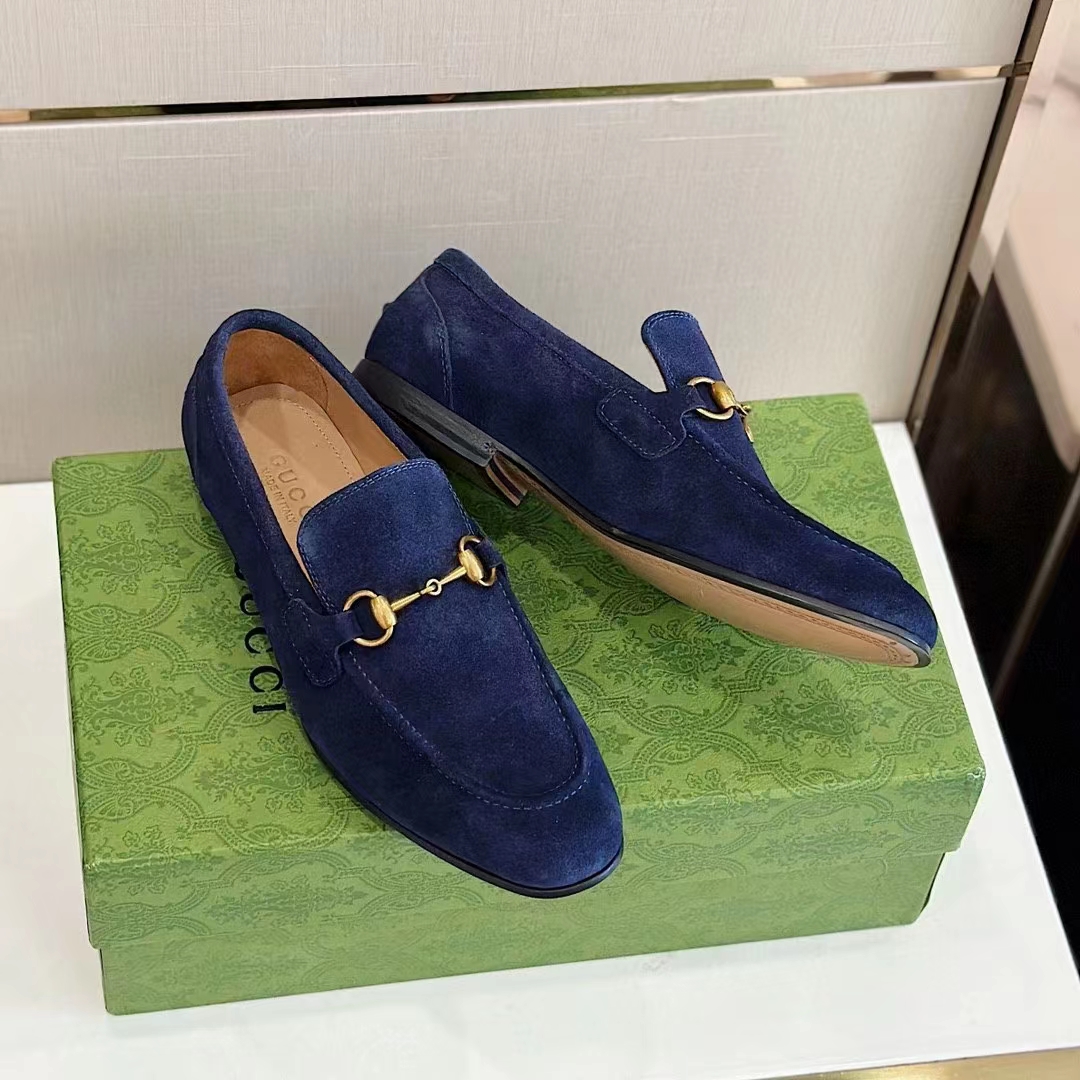 Gucci Unisex GG Jordaan Loafer Deep Blue Suede Horsebit Slim Shape Leather Flat