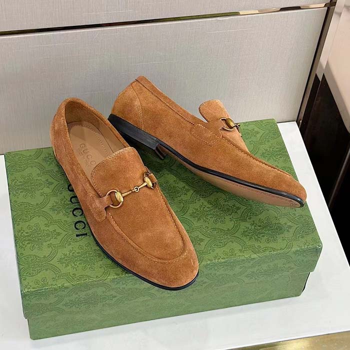 Gucci Unisex GG Jordaan Loafer Light Brown Suede Horsebit Slim Shape Leather Flat (12)