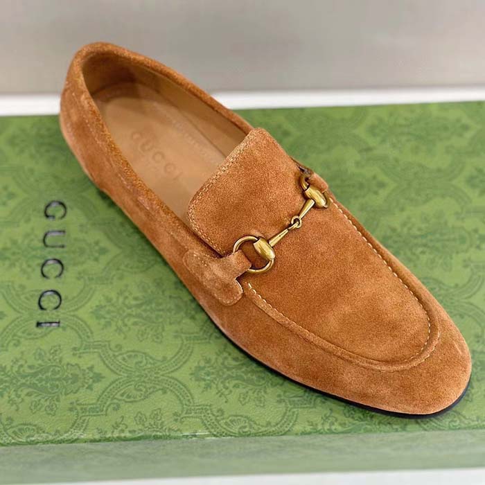 Gucci Unisex GG Jordaan Loafer Light Brown Suede Horsebit Slim Shape Leather Flat (2)