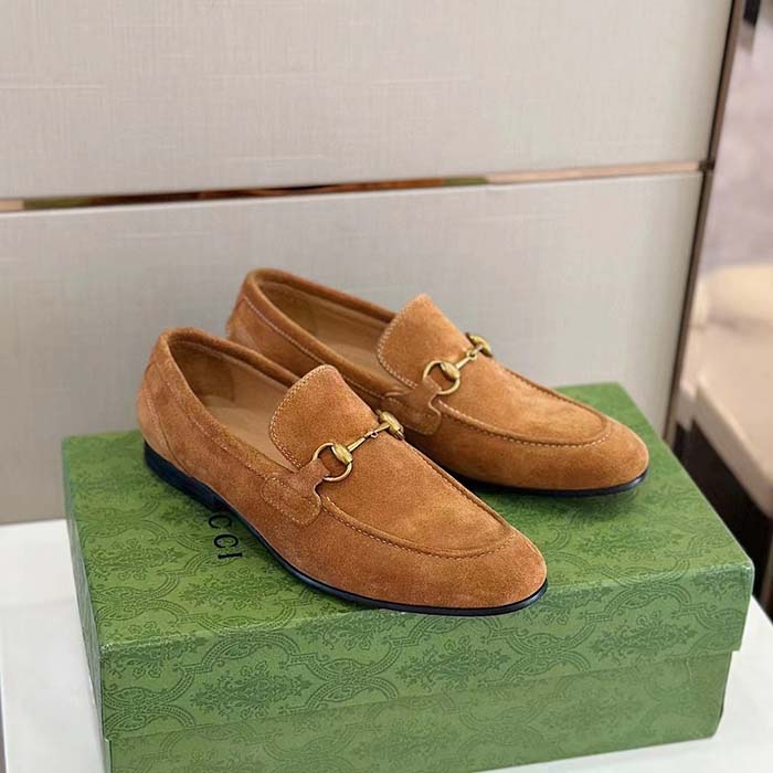 Gucci Unisex GG Jordaan Loafer Light Brown Suede Horsebit Slim Shape Leather Flat (3)