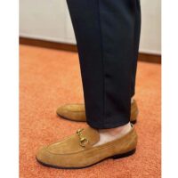 Gucci Unisex GG Jordaan Loafer Light Brown Suede Horsebit Slim Shape Leather Flat (6)