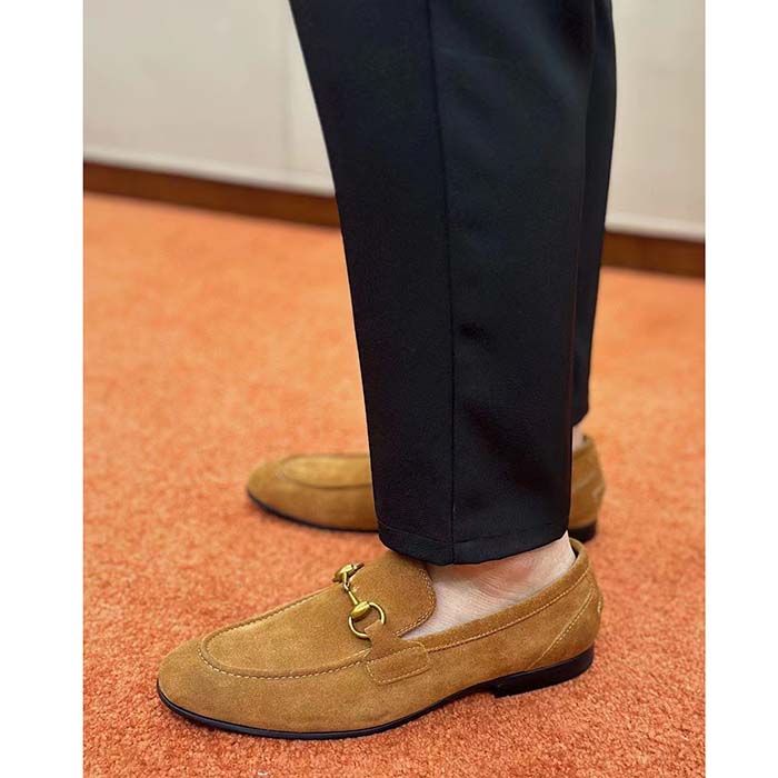 Gucci Unisex GG Jordaan Loafer Light Brown Suede Horsebit Slim Shape Leather Flat (5)