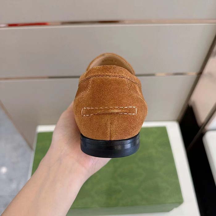 Gucci Unisex GG Jordaan Loafer Light Brown Suede Horsebit Slim Shape Leather Flat (7)