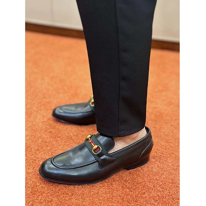 Gucci Unisex GG Loafer Horsebit Soft Black Leather Web Sole Flat 1.5 CM Heel (1)