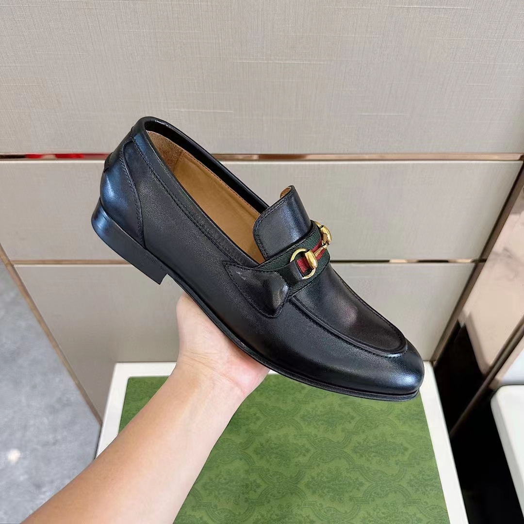 Gucci Unisex GG Loafer Horsebit Soft Black Leather Web Sole Flat 1.5 CM Heel (10)