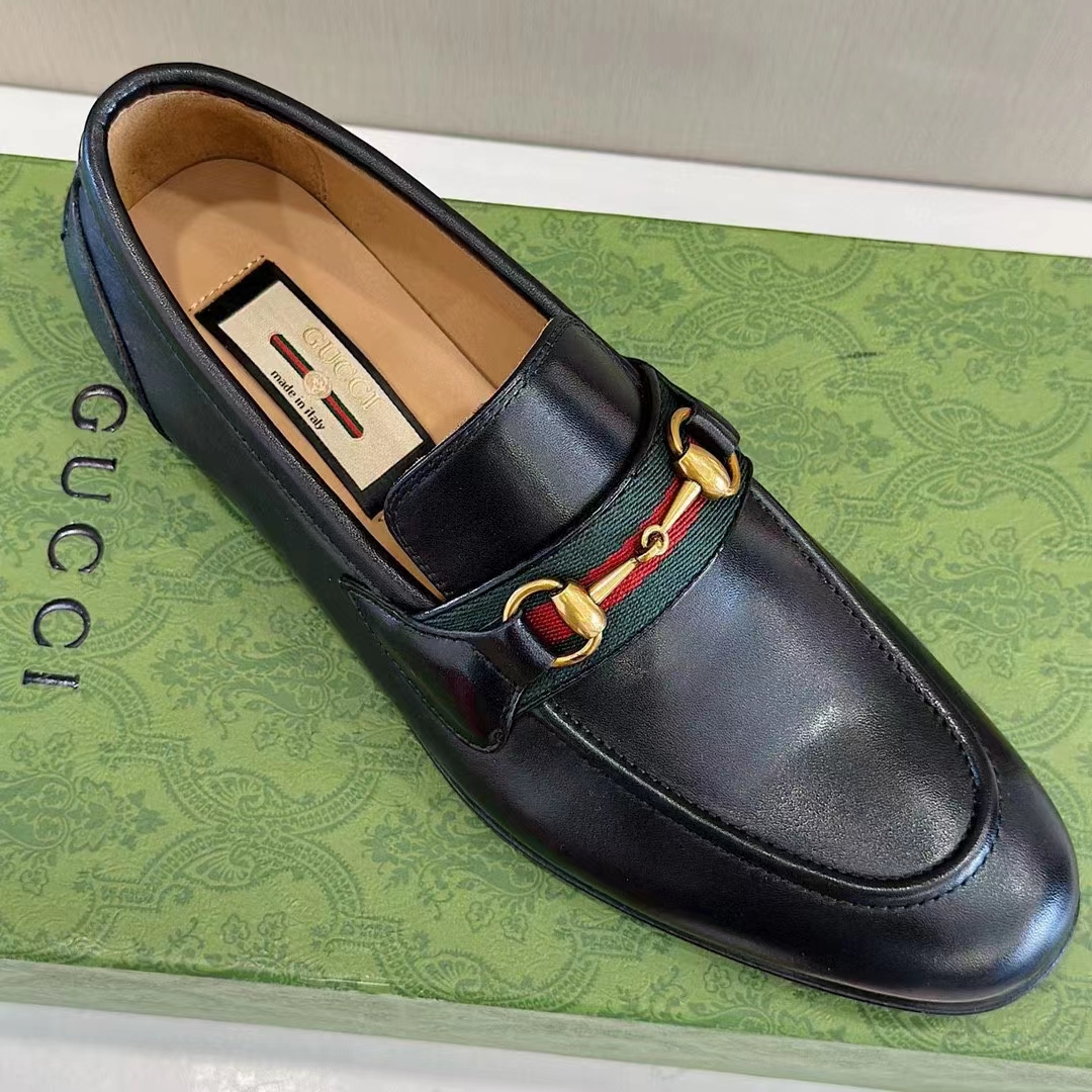 Gucci Unisex GG Loafer Horsebit Soft Black Leather Web Sole Flat 1.5 CM Heel (6)