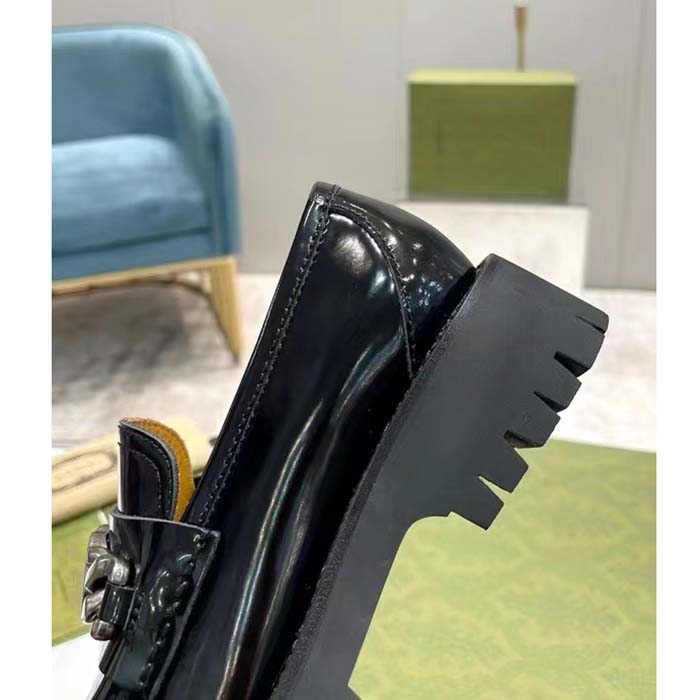 Gucci Unisex GG Loafer Interlocking G Black Leather Rubber Lug Mid 4.3 CM Heel (3)