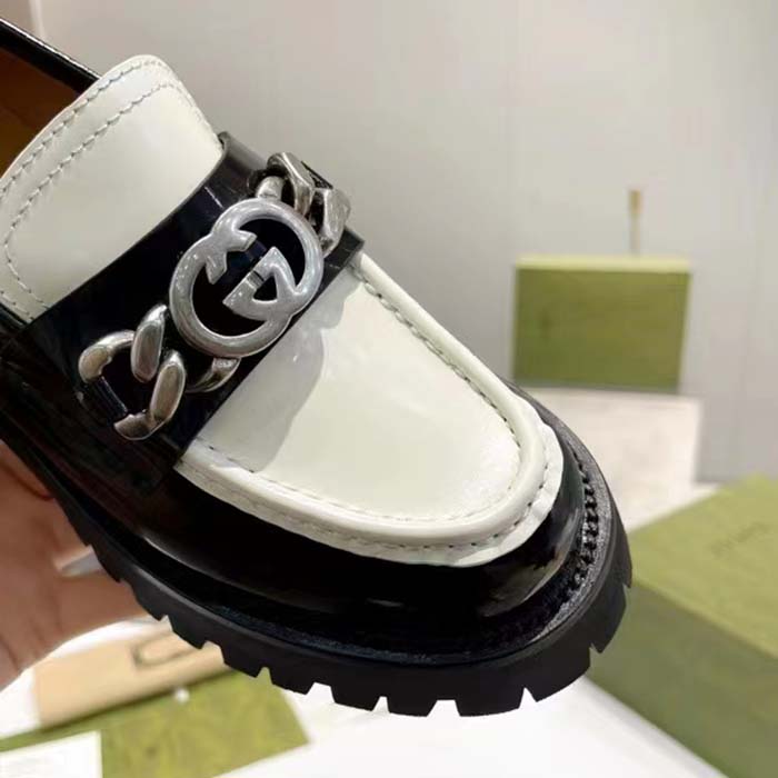 Gucci Unisex GG Loafer Interlocking G Black Off White Leather Rubber Lug Mid 4.3 CM Heel