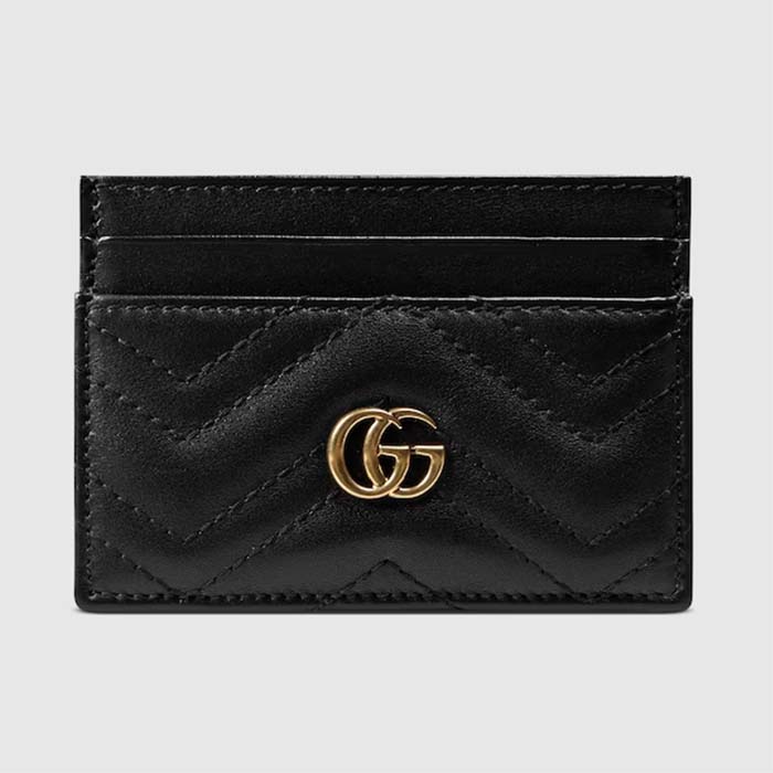 Gucci Unisex GG Marmont Card Case Black Matelassé Chevron Leather Double G