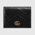 Gucci Unisex GG Marmont Card Case Wallet Black Matelassé Chevron Leather Double G