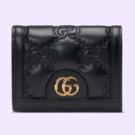 Gucci Unisex GG Marmont Card Case Wallet Black Matelassé Leather Double G