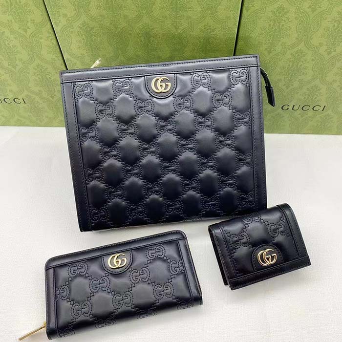 Gucci Unisex GG Marmont Card Case Wallet Black Matelassé Leather Double G (7)