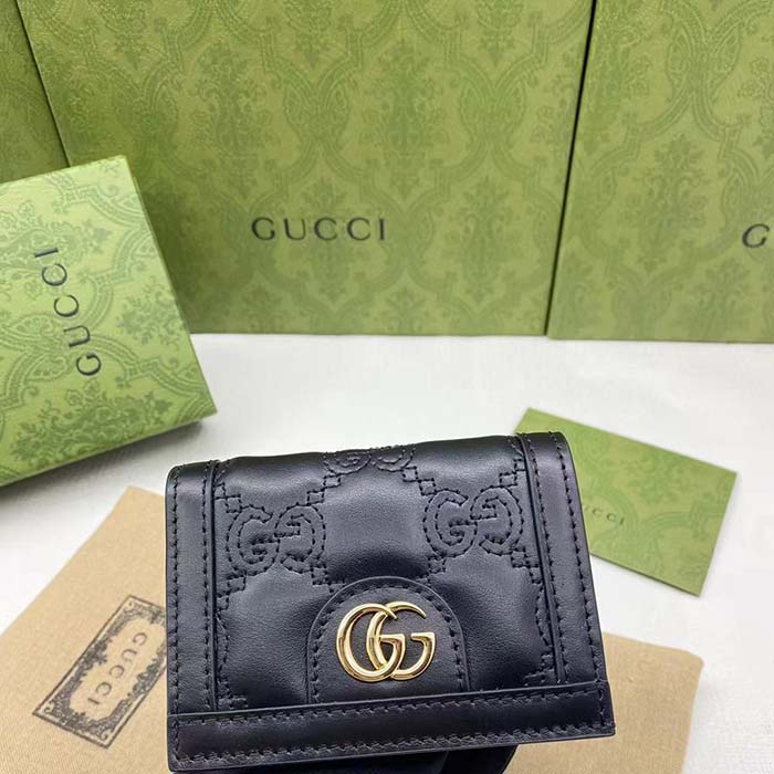 Gucci Unisex GG Marmont Card Case Wallet Black Matelassé Leather Double G (9)