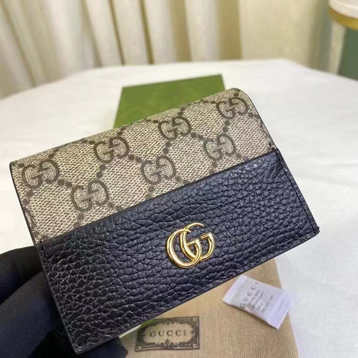 Gucci Unisex GG Marmont Card Case Wallet Double G Black Beige Ebony GG Supreme Canvas (7)