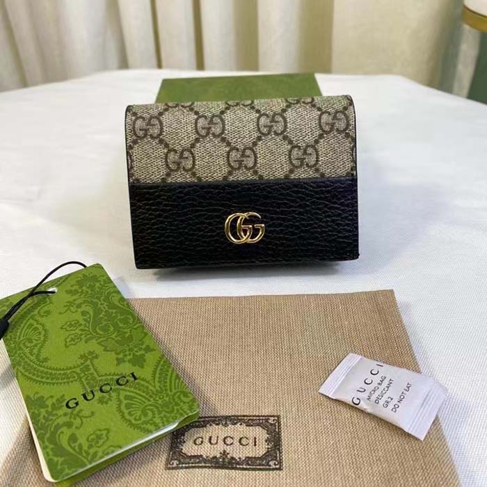 Gucci Unisex GG Marmont Card Case Wallet Double G Black Beige Ebony GG Supreme Canvas (9)