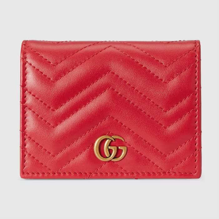 Gucci Unisex GG Marmont Card Case Wallet Red Matelassé Chevron Leather Double G