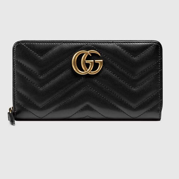 Gucci Unisex GG Marmont Zip Around Wallet Black Matelassé Chevron Leather Double G