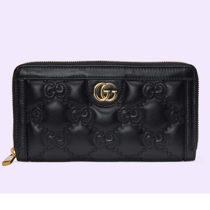 Gucci Unisex GG Marmont Zip Around Wallet Black Matelassé Leather Double G