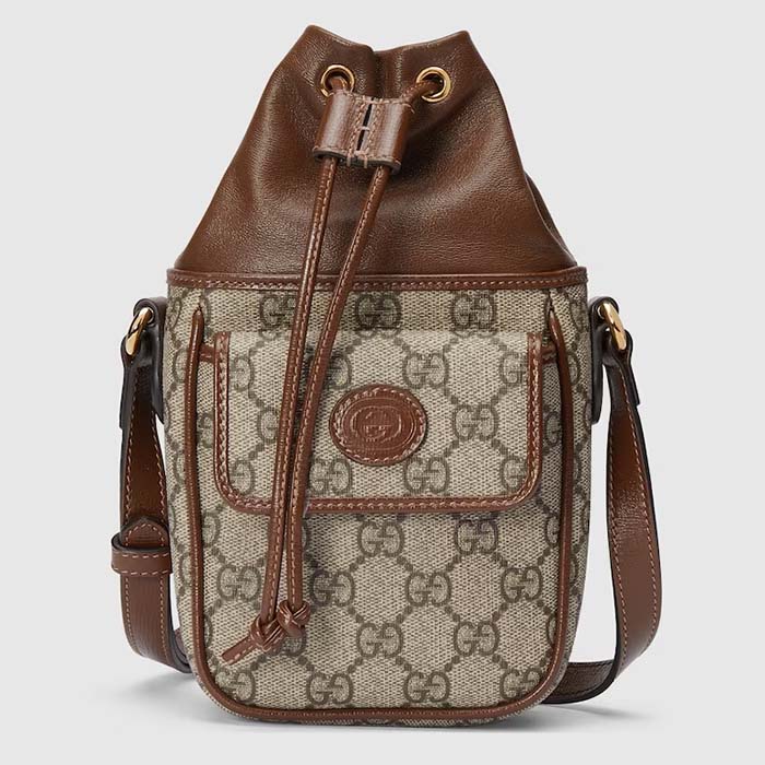Gucci Unisex GG Mini Bucket Bag Interlocking G Beige Ebony GG Supreme Canvas