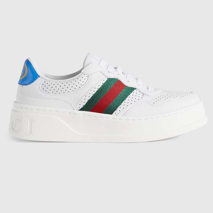 Gucci Unisex GG Sneaker Web White Leather Blue Lace-Up Flat