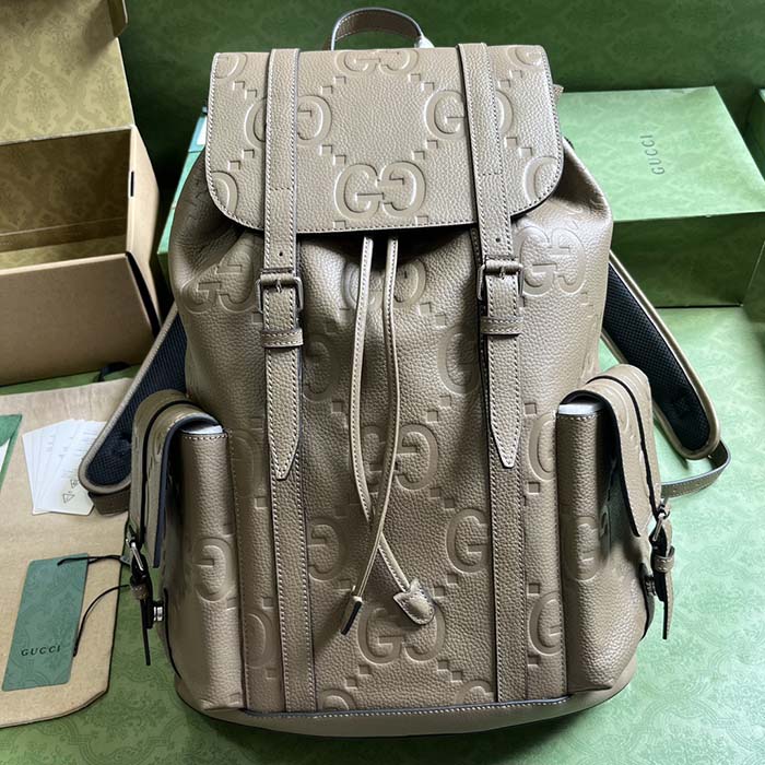 Gucci Unisex Jumbo GG Backpack Dark Green Leather Cotton Linen Top Handle (10)