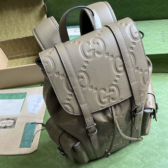 Gucci Unisex Jumbo GG Backpack Dark Green Leather Cotton Linen Top Handle (11)