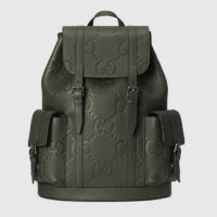 Gucci Unisex Jumbo GG Backpack Dark Green Leather Cotton Linen Top Handle (2)