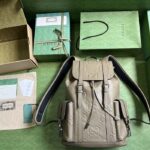 Gucci Unisex Jumbo GG Backpack Dark Green Leather Cotton Linen Top Handle - Imagen 6