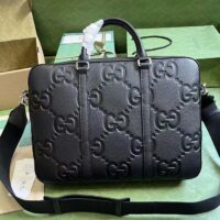 Gucci Unisex Jumbo GG Briefcase Black Leather Cotton Linen Lining Medium Size (7)