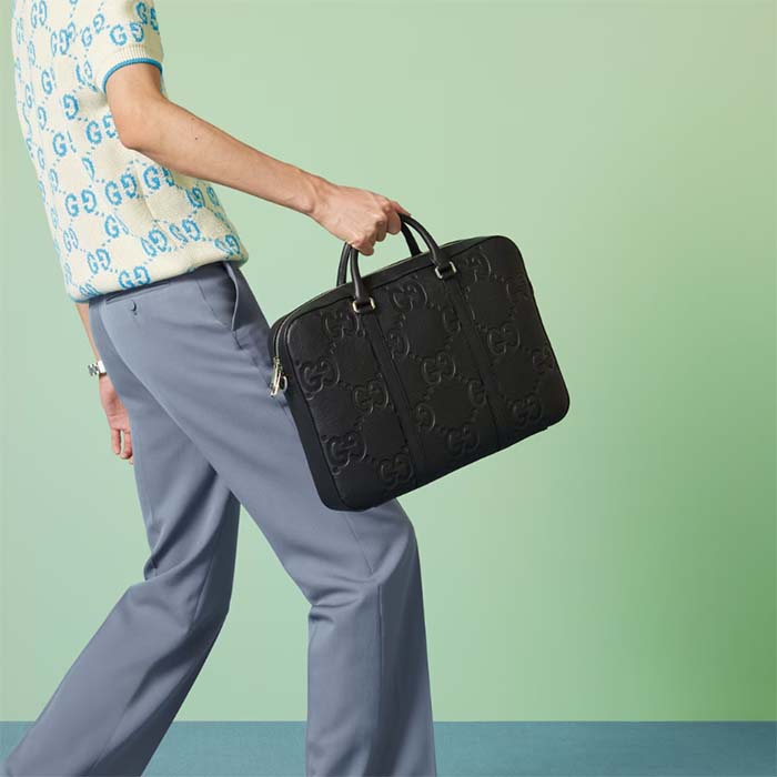 Gucci Unisex Jumbo GG Briefcase Black Leather Cotton Linen Lining Medium Size (4)
