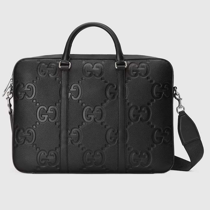 Gucci Unisex Jumbo GG Briefcase Black Leather Cotton Linen Lining Medium Size