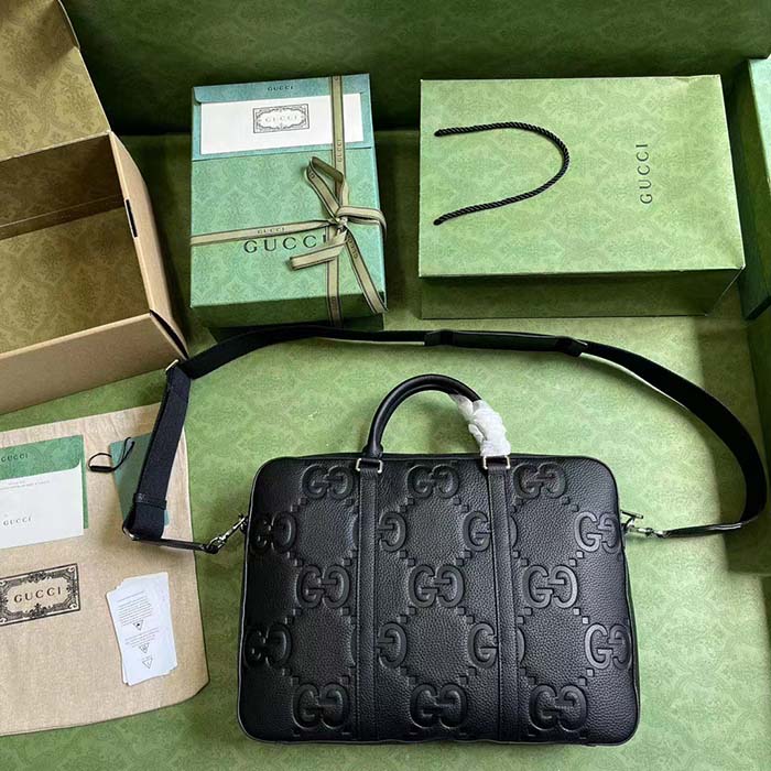 Gucci Unisex Jumbo GG Briefcase Black Leather Cotton Linen Lining Medium Size (8)